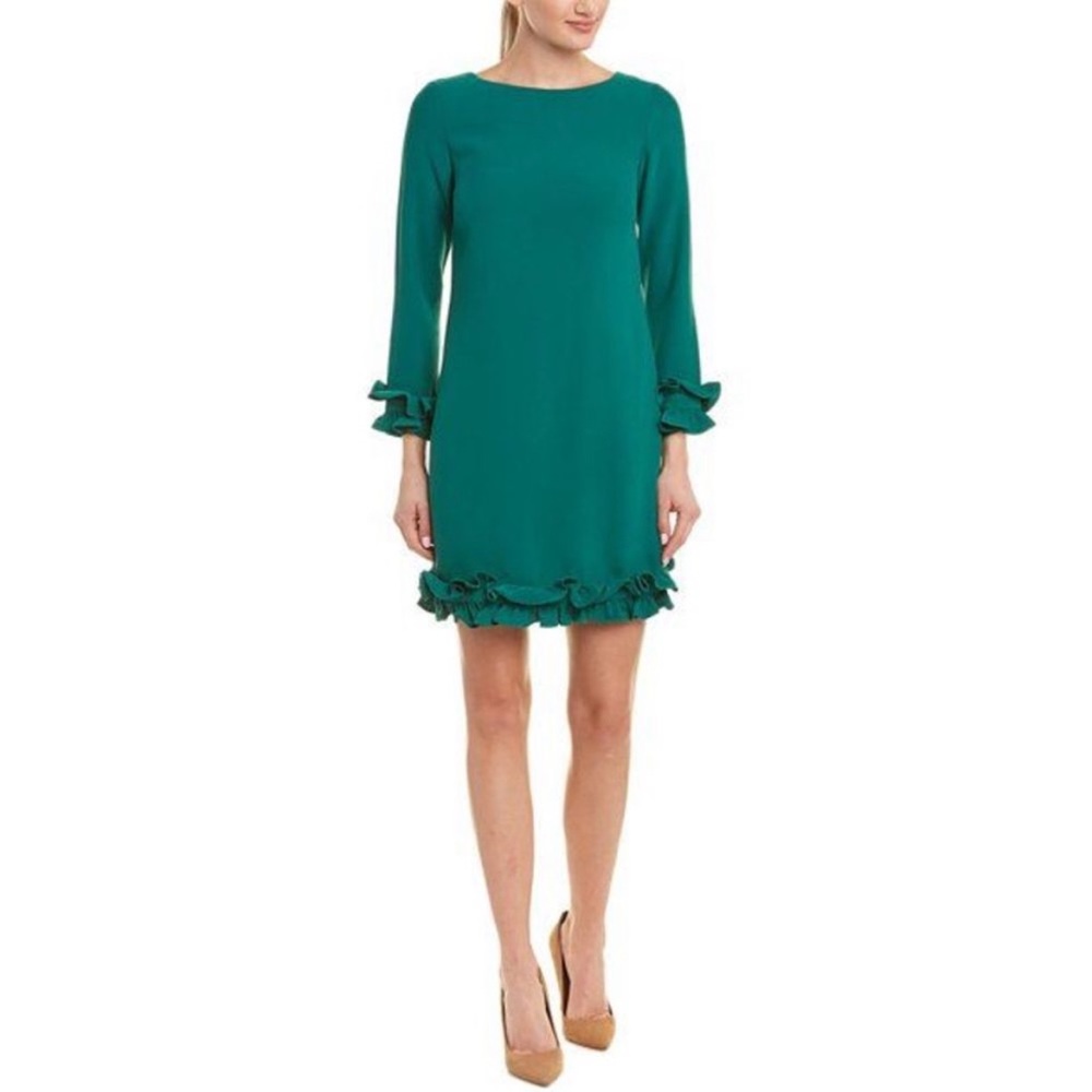 Sail to Sable Green Shift Dress 4 long sleeve mini ruffle cocktail party holiday - Picture 14 of 14
